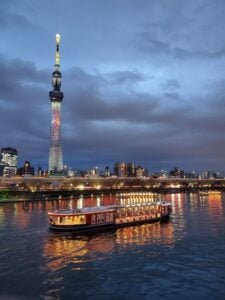 Yakatabune and Tokyo Skytree in the distance.